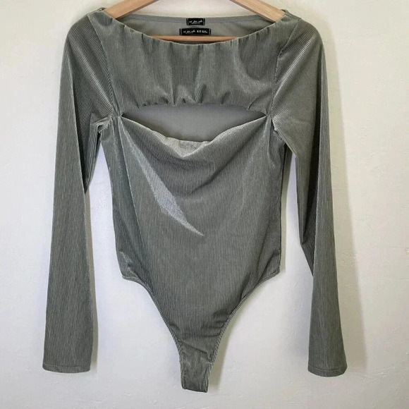 OUT FROM UNDER Urban Outfitters M Ribbed Velour Thong Bodysuit Top Cut-Out Sage - Picture 1 of 8